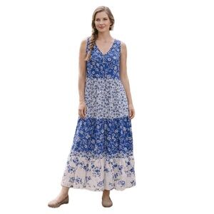 J.Jill, Blue & White Floral Patchwork Cotton Maxi Dress L Petite